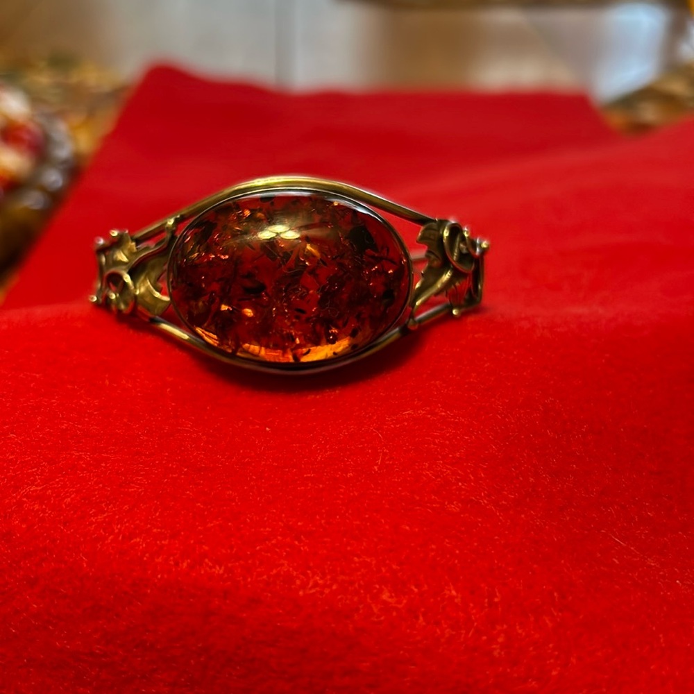 Women’s Beautiful Vintage LargeOval Baltic Orange Amber Cabochan Set SS Bracelet